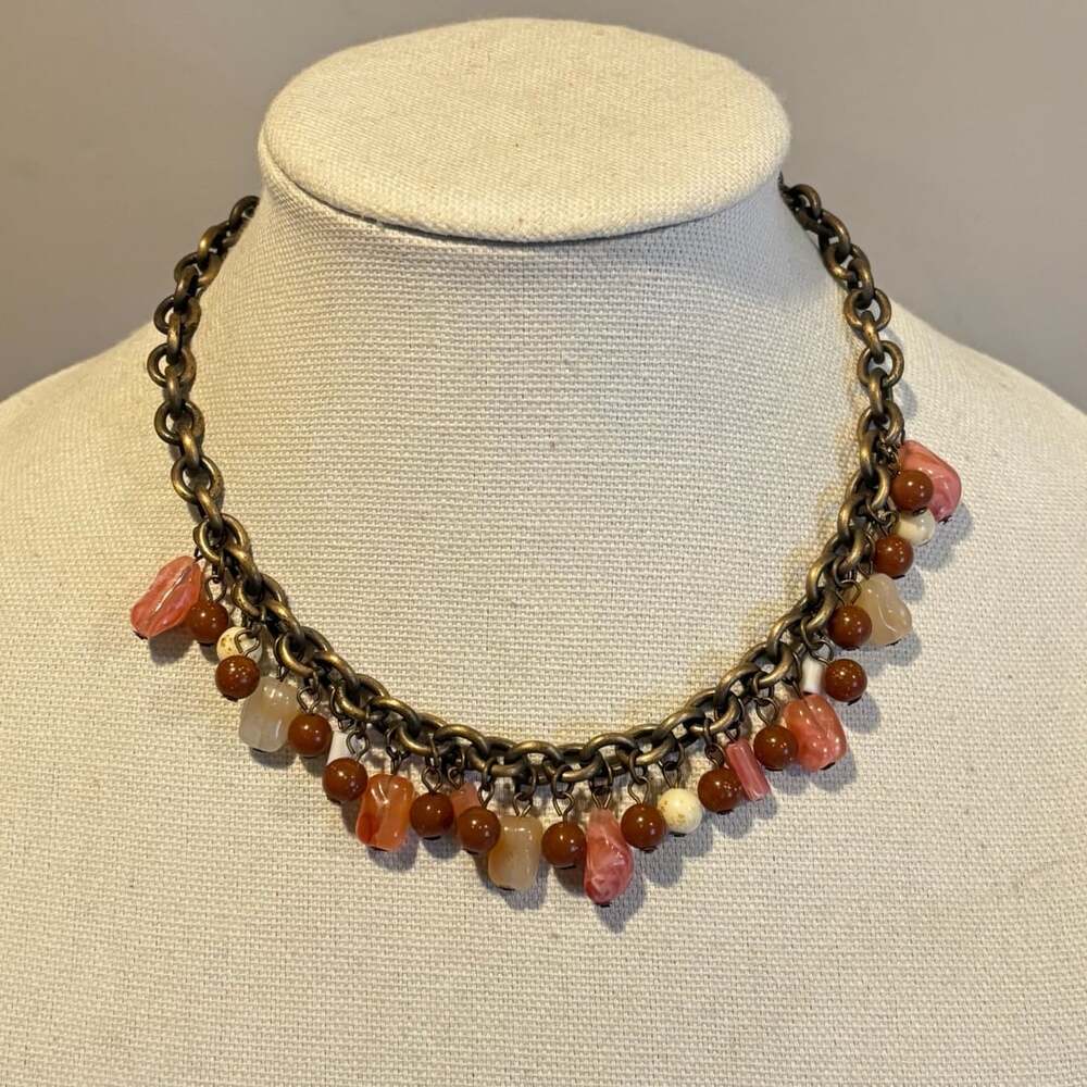 Vintage Brass Tone Pink Brown Beaded Charm Toggle Necklace